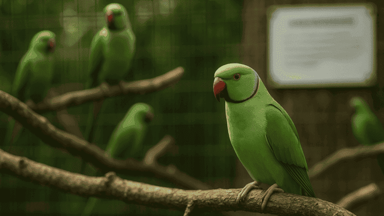 Periquitos Ring Neck verdes em galho no criadouro