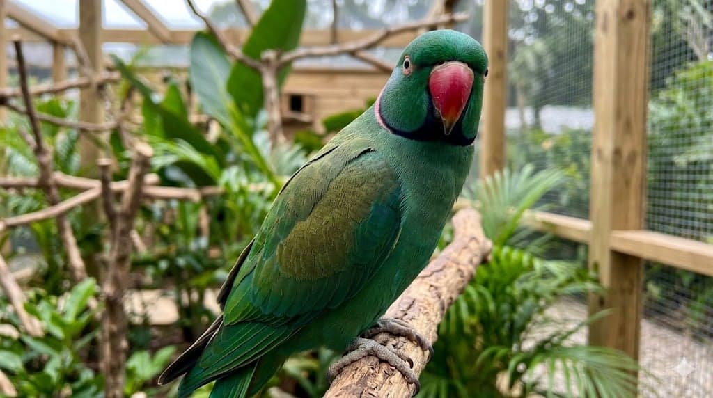 Periquitos Ring Neck verdes em galho no criadouro